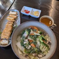 Phơ with crispy tofu and welcome tea. at Koko Organic in Prague