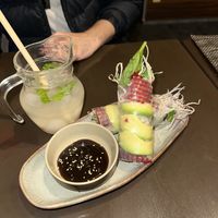 Summer rolls with avocado and beetroot, lychee lemonade  at Koko Organic in Prague