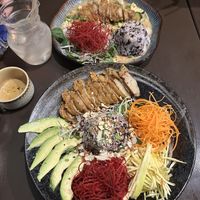 Vegetable bowl and peanut bowl, both with crispy “duck”  at Koko Organic in Prague