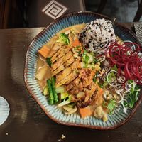 Vegan duck with peanut sauce at Koko Organic in Prague
