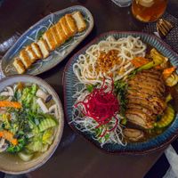 Mỳ Cay - udon noodles with vegetables and pak choi with chili sauce and vegan crispy duck
Pho - pho soup with flat rice noodles, mushrooms and pak choi and crispy tofu
Salmon sus at Koko Organic in Prague