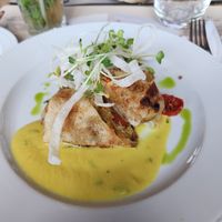 Spring roll style veggies with side and sauce. at Városliget Café in Budapest