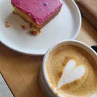 Vegan samali with blueberry glaze and vegan flat white at Møød in Euboea