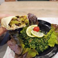 Falafel sandwich and taboula salad at Chawarma Canaan in Casablanca