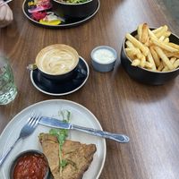 Buddha bowl, fries, flat white and quiche (all vegan of course)  at Scoundrel in Christchurch