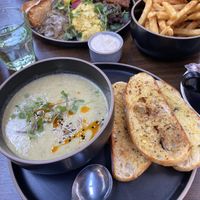 Soup of the day (potato and leek), fries, cooked breakfast with scrambled tofu   at Scoundrel in Christchurch