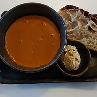 Soup of the month with sourdough bread and hummus. at Glo - Laugavegur in Reykjavik