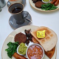 Vegan Breakfast with haggis, beans and mushrooms at Grassmarket Community Project & Coffee Saints Cafe in Edinburgh