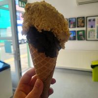 Double Scoop Dark Bitter Chocolate and Salted Caramel Cone at Georgio's in Llanberis