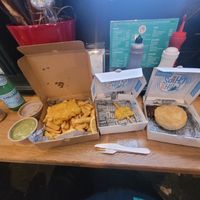 Rio Tropical, Sparkling Water, Curry Sauce, Mushy Peas, Small Vegan Fish and Chips, Frickles, Vegan Steak Pie at Tafarn Y Garth in Bangor