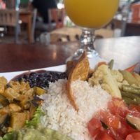 Vegan plate and fresh mango juice (giant glass)  at Soda Viquez in La Fortuna