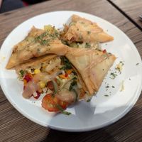 3 fried Sambusa triangles on some grilled veggies with peanut sauce on top at Shani's African Snacks in Hamburg