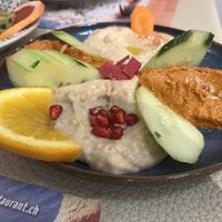 3 kinds of dip: Hummus, Moutabbal (Baba Ganoush), and Muhammaram  at  Palmera Restaurant in Winterthur