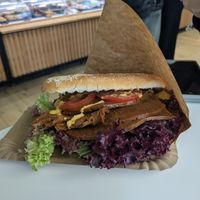 Oxenfetzen semmel sandwich - a seitan roasted steak  at Die Vegane Fleischerei - Frauenstraße in Munich