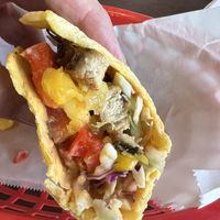 Fish taco showing texture of the “Tuna"  at El Cantaro Vegan Mexican Restaurant in Monterey