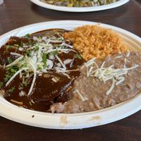‘Chicken’ Enmoladas with Coloradito Molé   at El Cantaro Vegan Mexican Restaurant in Monterey