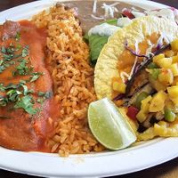 Combo: files rellenos and fish taco with pineapple at El Cantaro Vegan Mexican Restaurant in Monterey