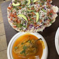 Tlayuda (above)and chille relleno (below)  at El Cantaro Vegan Mexican Restaurant in Monterey