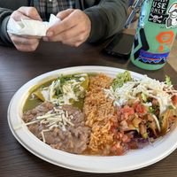 Combo plate with enchiladas verdes and crispy tacos   at El Cantaro Vegan Mexican Restaurant in Monterey