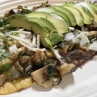 Huarache (Blue Zone item) and some art  at El Cantaro Vegan Mexican Restaurant in Monterey