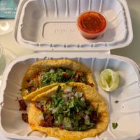 Two soft taco with plant made “chicken”and plant made “beef”.  at El Cantaro Vegan Mexican Restaurant in Monterey