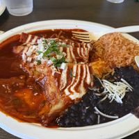 Vegetable enchiladas (3) with red saucee  at El Cantaro Vegan Mexican Restaurant in Monterey