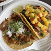 Fish (mango) and chicken tacos  at El Cantaro Vegan Mexican Restaurant in Monterey