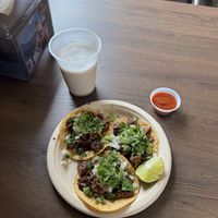Carne Asada Tacos and Horchata   at El Cantaro Vegan Mexican Restaurant in Monterey