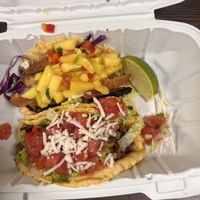 Fish with mango and ranchero tacos  at El Cantaro Vegan Mexican Restaurant in Monterey