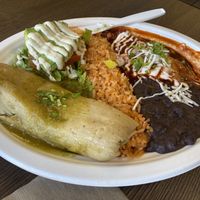 Green chile & cheese tamale and spinach & mushroom enchilada   at El Cantaro Vegan Mexican Restaurant in Monterey