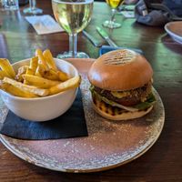 Vegan broad bean burger with fries at The British Oak in Sheffield