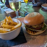 Vegan broad bean burger with fries at The British Oak in Sheffield