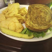 Bean burger, served with chips and pickle at Ruth's Parkside Cafe in Cincinnati