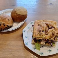 Foccacia Tofu, chocolate brioche and cafe brioche at Les Belles Âmes Pâtisserie in Lyon