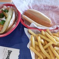 Chicago style veggie dog, plain veggie dog, and fries at Chicago Grill in Appleton