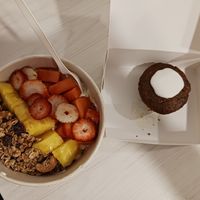 Vegan carrot cake muffin and yougurt (dairy) bowl at Mistral in Bogota