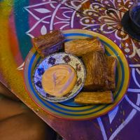 Cassava fries (dip not vegan) at Devachan Café Mágico in Bogota