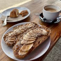 Vegan banana & peanut butter sourdough toast with a vegan croissantt  at Tilt in Brighton