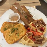 GF waffles with bacon and hashbrowns  at A Lo Vegano in Orlando