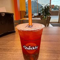 Vegan Strawberry Fruit Tea with green apple popping boba  at Quickly in Mobile