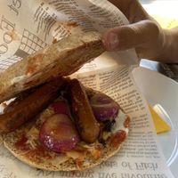 Hot dog, really nice kimchi! at Nanda's in Lucca