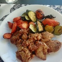 Red wine seitan with fried vegetables  at Nanda's in Lucca