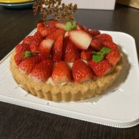 Whole strawberry tart for birthday celebration   at Cafe Enough カフェ イナフ in Shizuoka