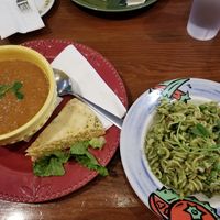 Curried Pineapple Lentil Soup with vegan cornbread and pesto pasta salad at The Art We Are in Kamloops