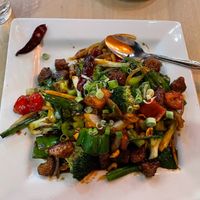 Kung Pao Ding with king oyster mushrooms at Alice & Friends at The Glen in Glenview