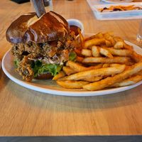 Kingwhich- fried mushroom sandwich with fries at Alice & Friends at The Glen in Glenview