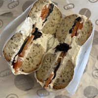 Vegan bagel with vegan tofu cream cheese & vegan carrot lox  at Modern Bread and Bagel in Santa Monica