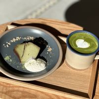 matcha basque cheesecake and latte  at This Is Coffee  in Kani