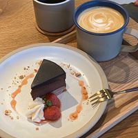 Brewed coffee, Latte and Chocolate tart at This Is Coffee  in Kani