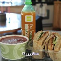 White bean and marinara sandwich (not sure if that's the official name), rhubarb and beet soup (Yeah!  So good!!!), and alo juice.  Happy stomach! at Co-op Market Deli in Fairbanks